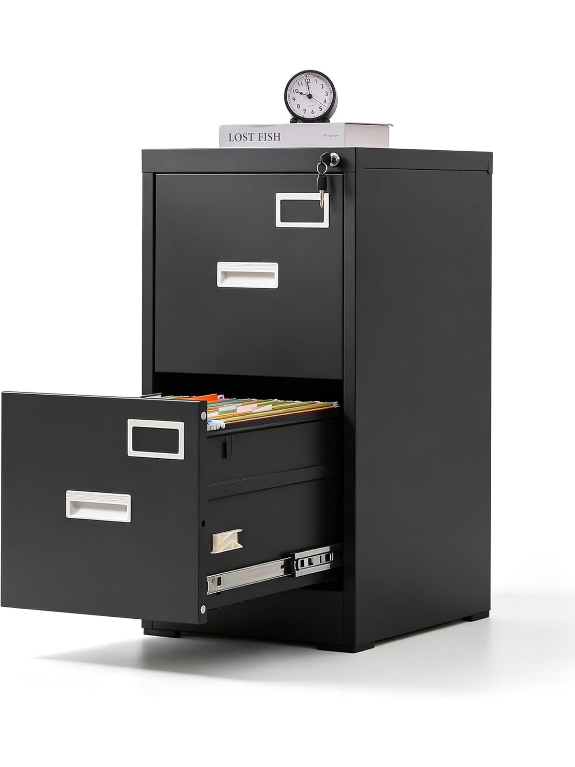 Gabinete Vertical Metalico con Ruedas Dos Cajones Cerradura y Soporte Superior para Impresora Oficina